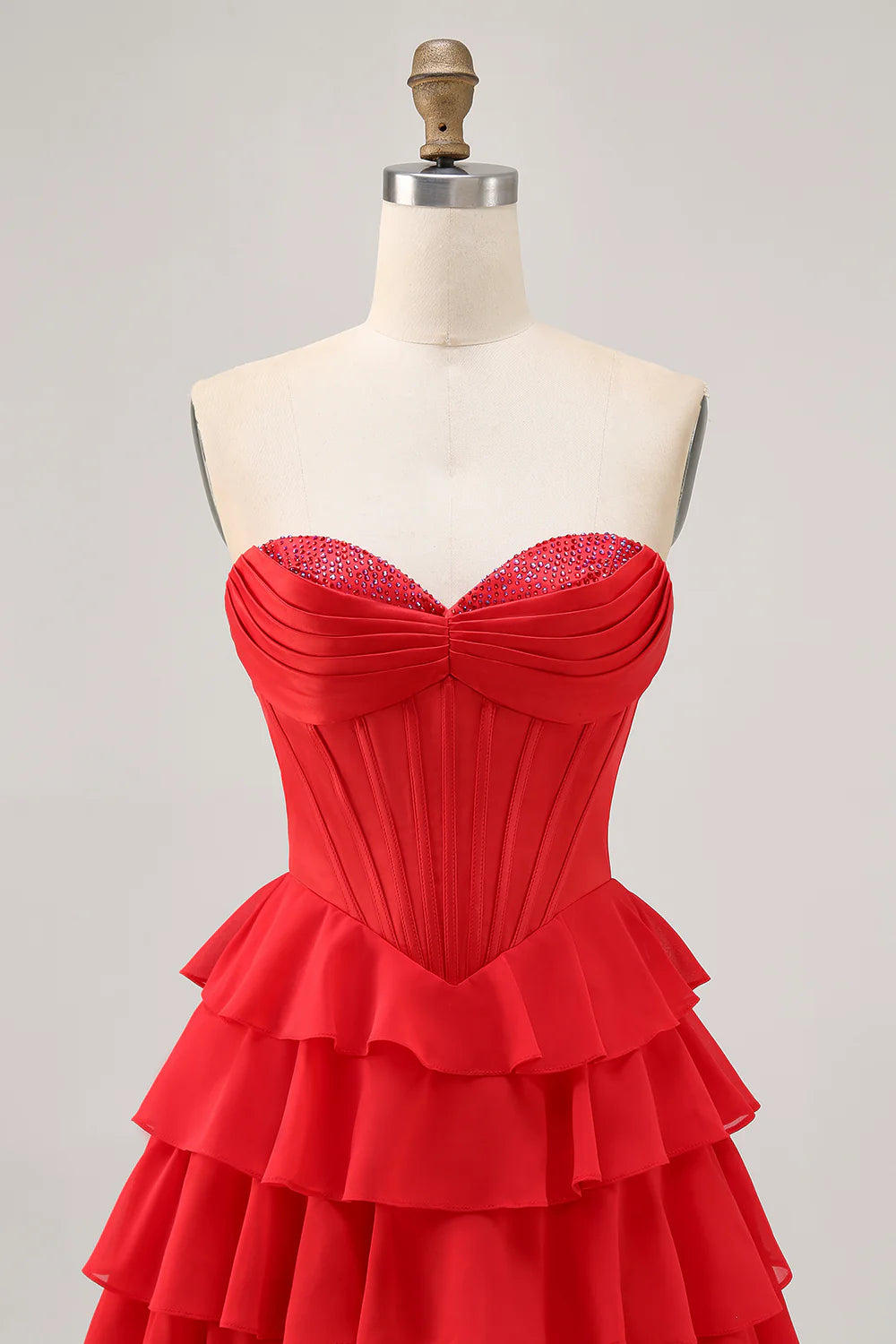 Red Sequins Pleated Strapless A Line Ruffled Tiered Corset Short Homecoming Dress Party Dress