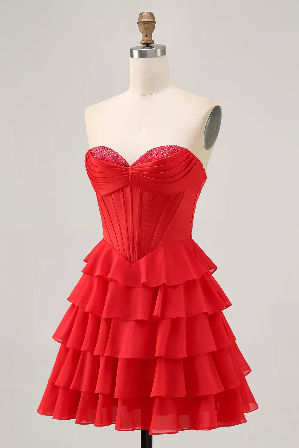 Red Sequins Pleated Strapless A Line Ruffled Tiered Corset Short Homecoming Dress Party Dress