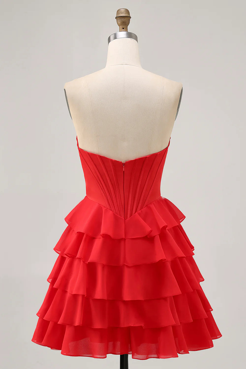 Red Sequins Pleated Strapless A Line Ruffled Tiered Corset Short Homecoming Dress Party Dress