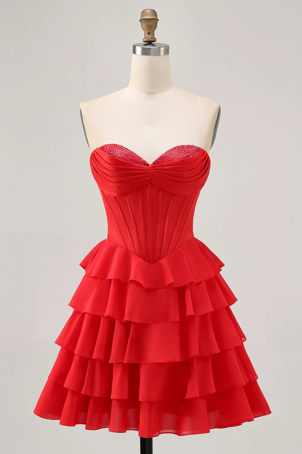 Red Sequins Pleated Strapless A Line Ruffled Tiered Corset Short Homecoming Dress Party Dress