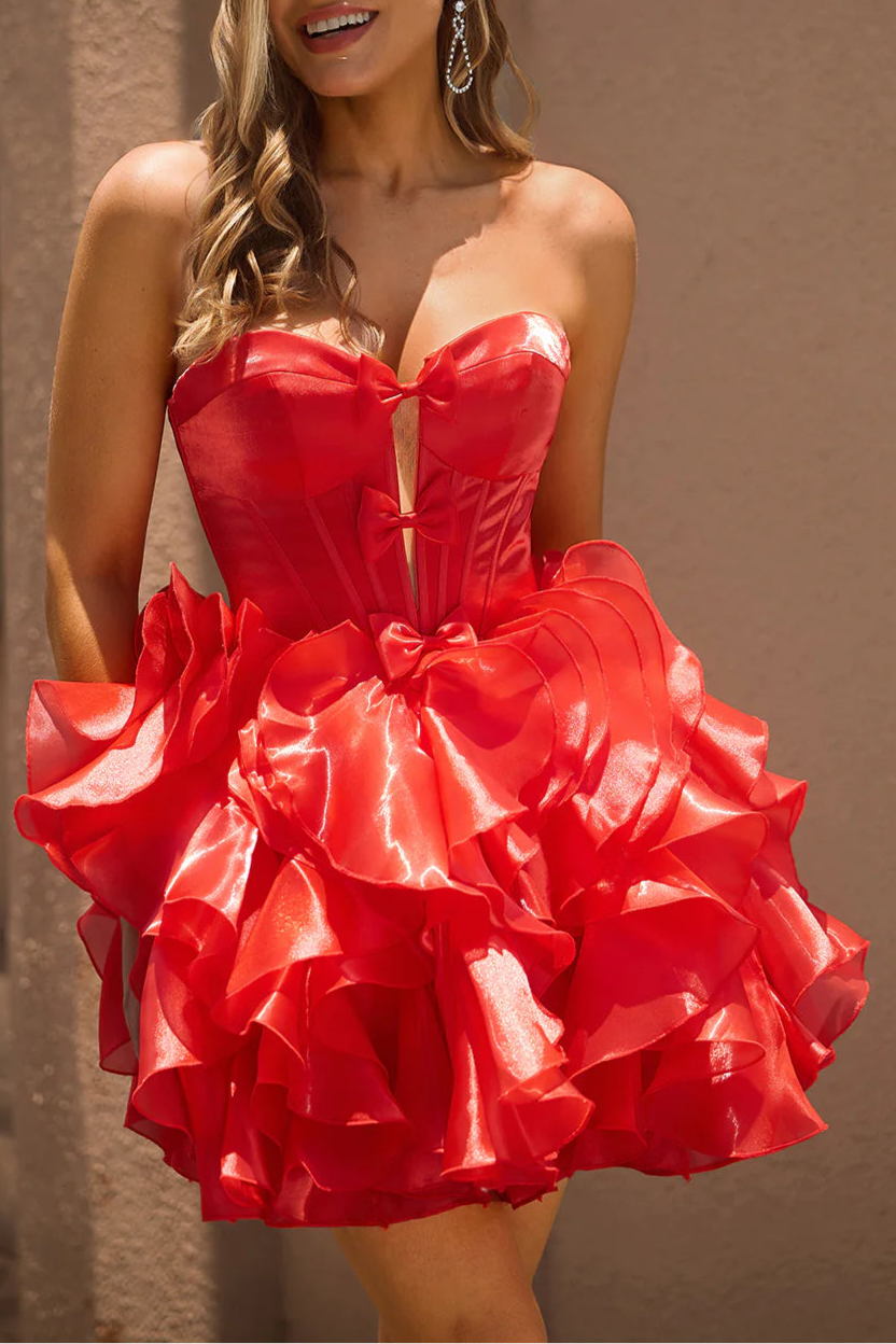 Red Strapless A Line Corset Tiered Cut Out Lace Up Back Short Homecoming Dress With Bows
