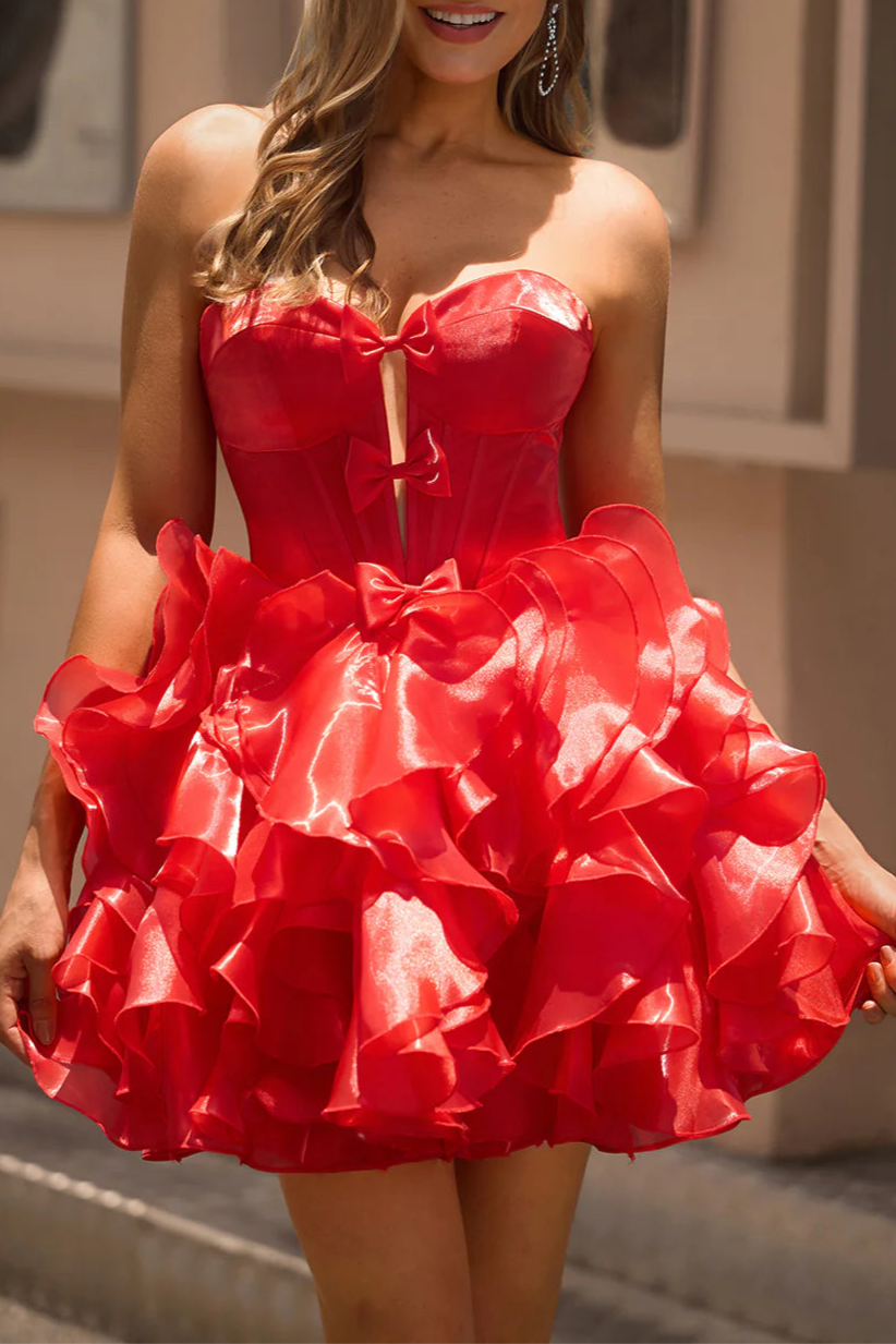 Red Strapless A Line Corset Tiered Cut Out Lace Up Back Short Homecoming Dress With Bows