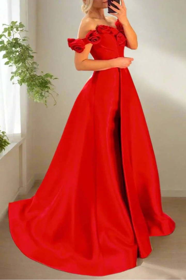 Red Sweetheart Collar Rose Off the Shoulder Corset Bodice A-Line Slit Long Evening Dress