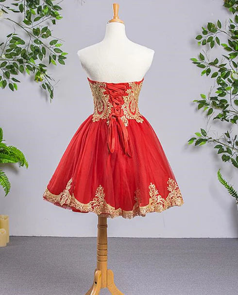 Red Tulle A-line Short with Gold Applique Formal Dresses Homecoming Dress