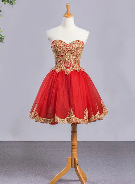 Red Tulle A-line Short with Gold Applique Formal Dresses Homecoming Dress