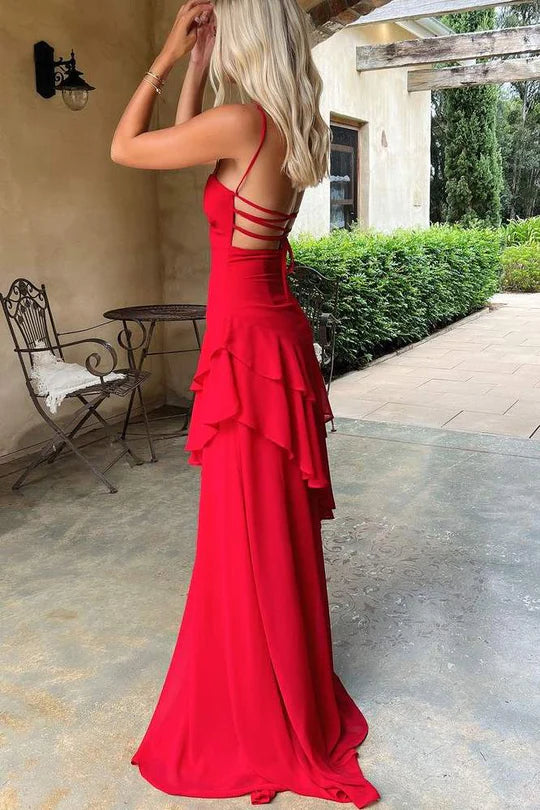 Red Tulle Spaghetti Straps Ruffles Sleeveless Lace-Up Long Prom Dress