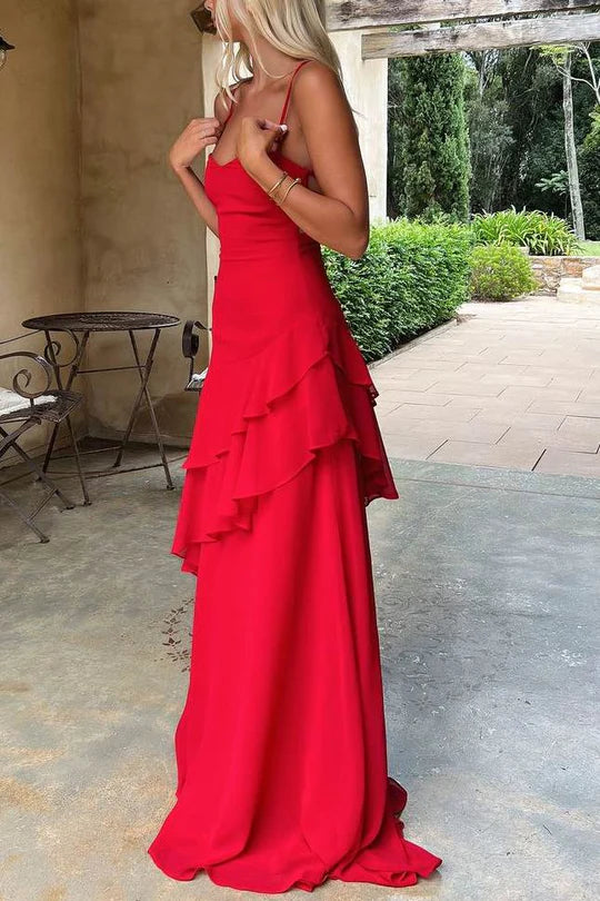Red Tulle Spaghetti Straps Ruffles Sleeveless Lace-Up Long Prom Dress