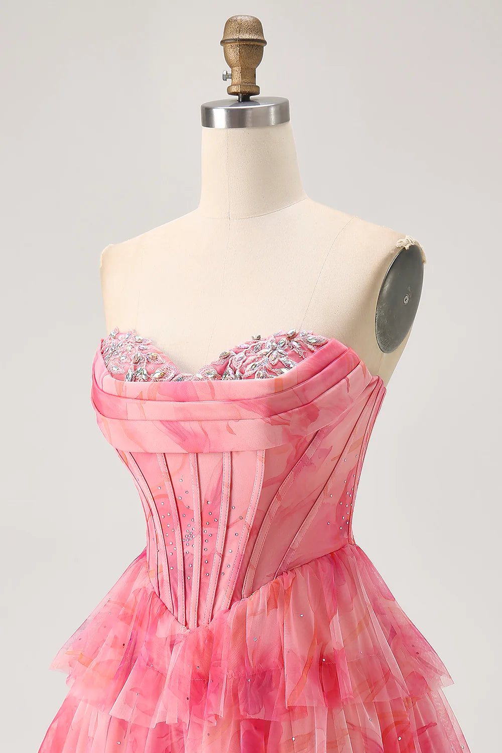 Red Tulle Sweetheart Collar Tiered Corset A Line Printed Beaded With Applique Homecoming Dress