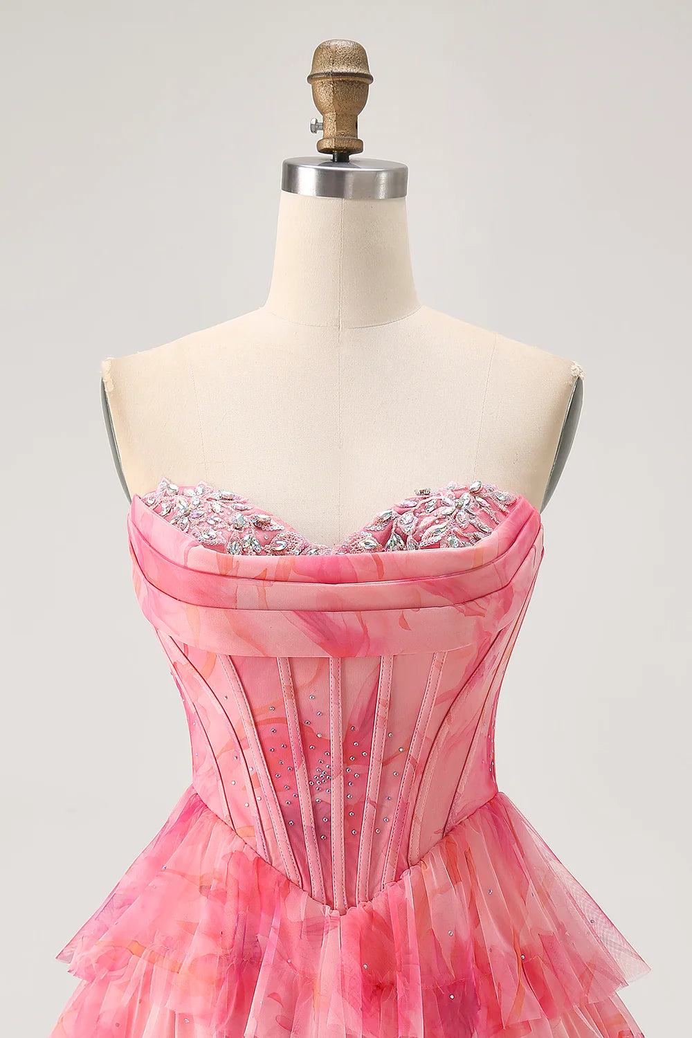 Red Tulle Sweetheart Collar Tiered Corset A Line Printed Beaded With Applique Homecoming Dress