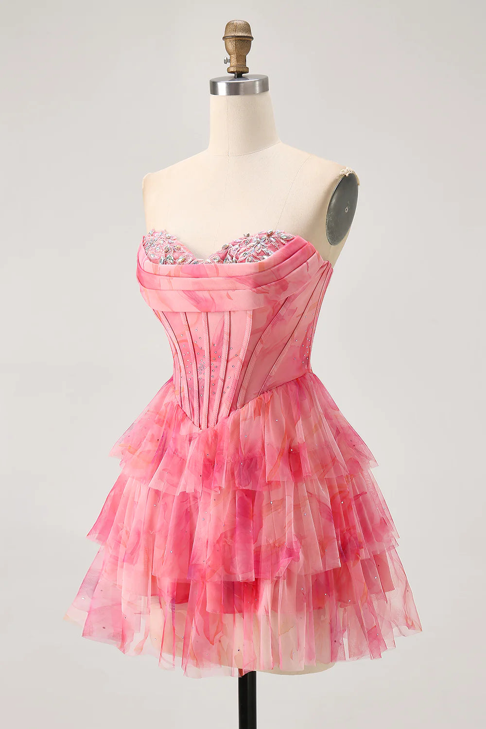 Red Tulle Sweetheart Collar Tiered Corset A Line Printed Beaded With Applique Homecoming Dress