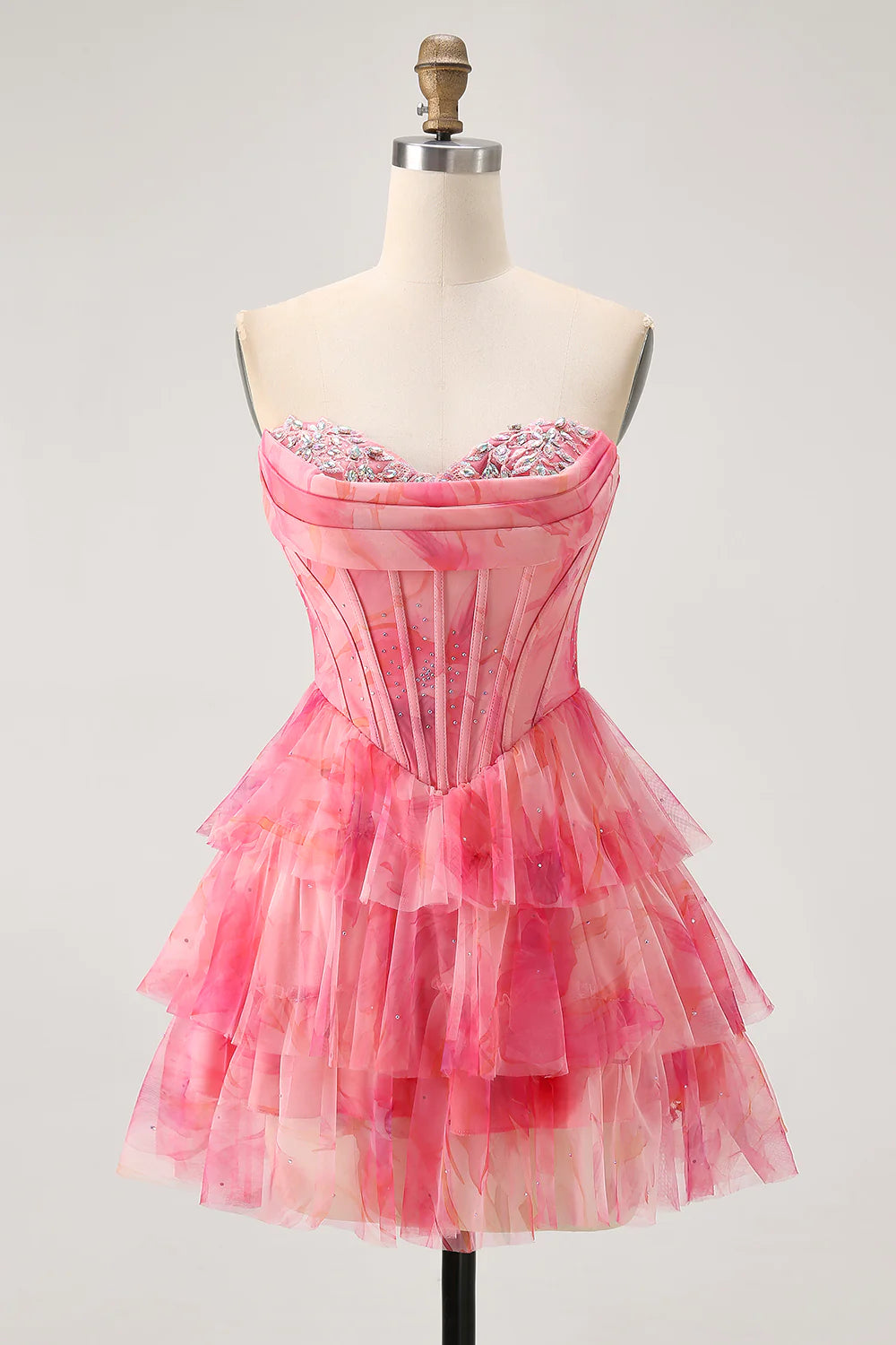 Red Tulle Sweetheart Collar Tiered Corset A Line Printed Beaded With Applique Homecoming Dress