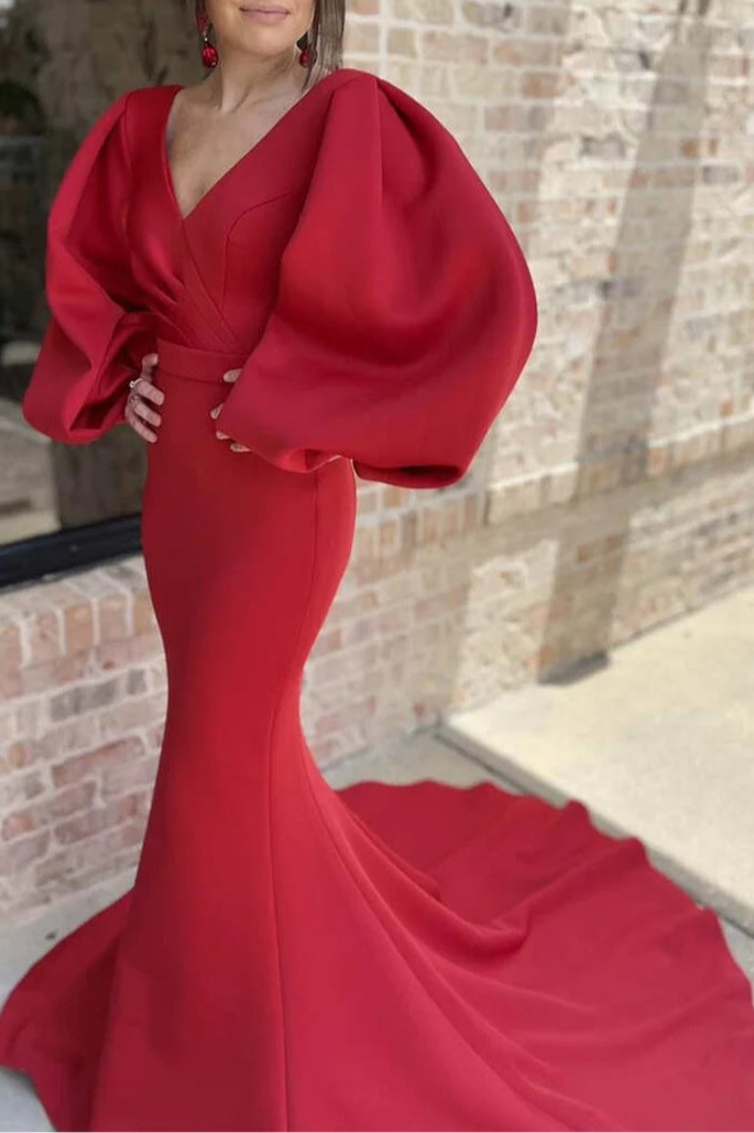 Red Pleated V-Neck Balloon Sleeve Floor length Mermaid Mother of the Bride Dress Evening Dress