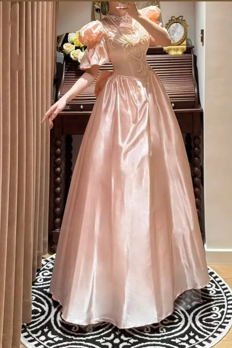 Regal Ball-Gown V Neck Puff Sleeves Bow Beaded Satin Peach Floor-Length Prom Dress