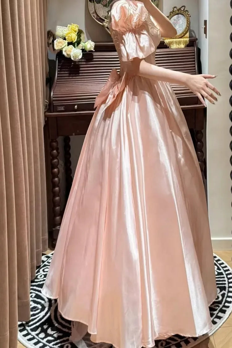 Regal Ball-Gown V Neck Puff Sleeves Bow Beaded Satin Peach Floor-Length Prom Dress