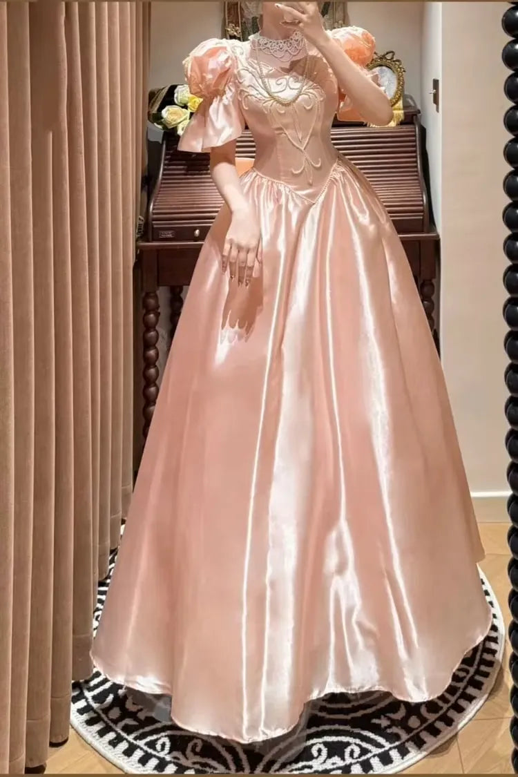 Regal Ball-Gown V Neck Puff Sleeves Bow Beaded Satin Peach Floor-Length Prom Dress