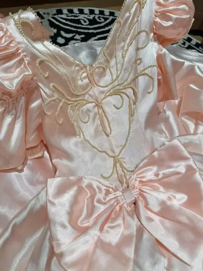 Regal Ball-Gown V Neck Puff Sleeves Bow Beaded Satin Peach Floor-Length Prom Dress