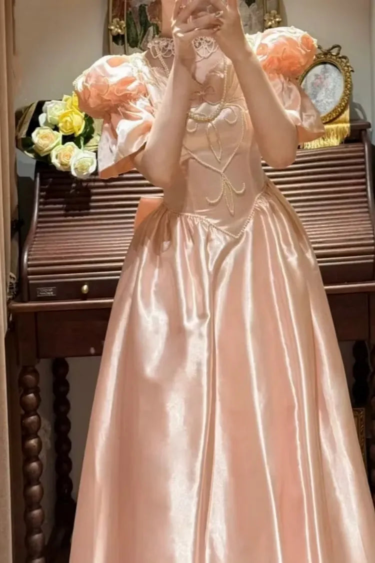 Regal Ball-Gown V Neck Puff Sleeves Bow Beaded Satin Peach Floor-Length Prom Dress