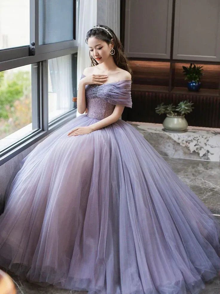 Regal Ball Gown Off-Shoulder Beaded Pleated Tulle Purple Floor-Length Prom Dress