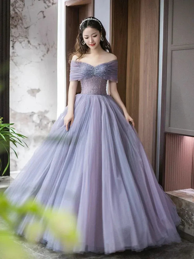 Regal Ball Gown Off-Shoulder Beaded Pleated Tulle Purple Floor-Length Prom Dress