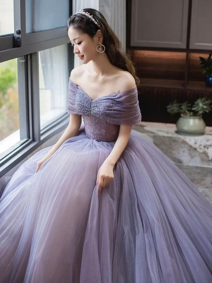 Regal Ball Gown Off-Shoulder Beaded Pleated Tulle Purple Floor-Length Prom Dress
