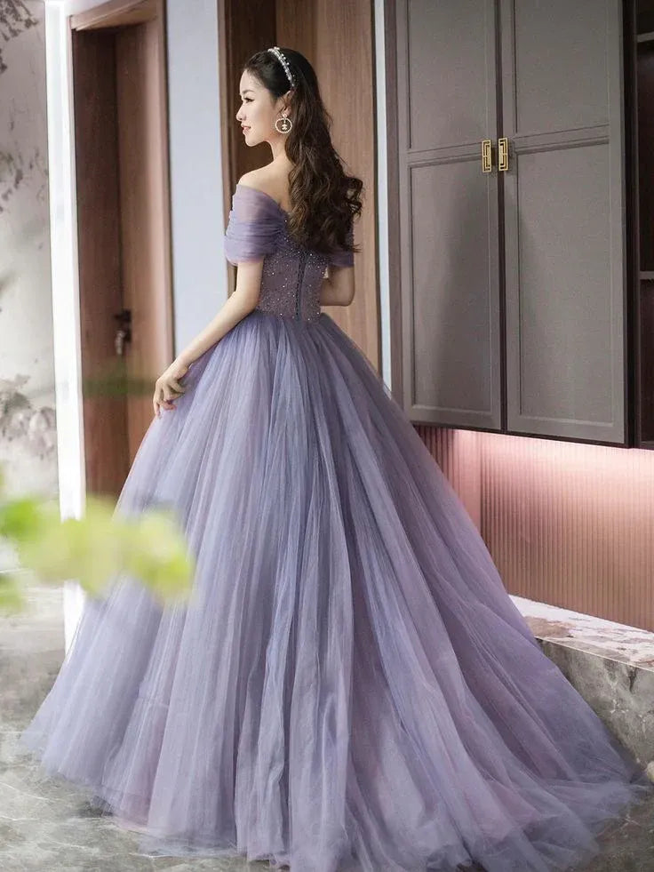 Regal Ball Gown Off-Shoulder Beaded Pleated Tulle Purple Floor-Length Prom Dress