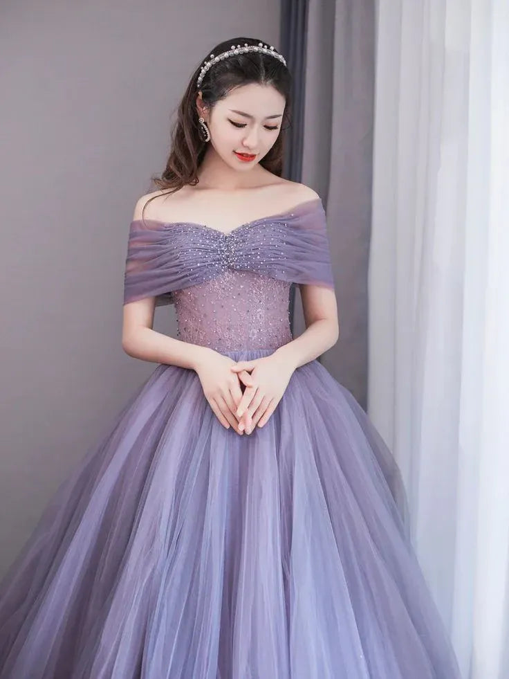 Regal Ball Gown Off-Shoulder Beaded Pleated Tulle Purple Floor-Length Prom Dress