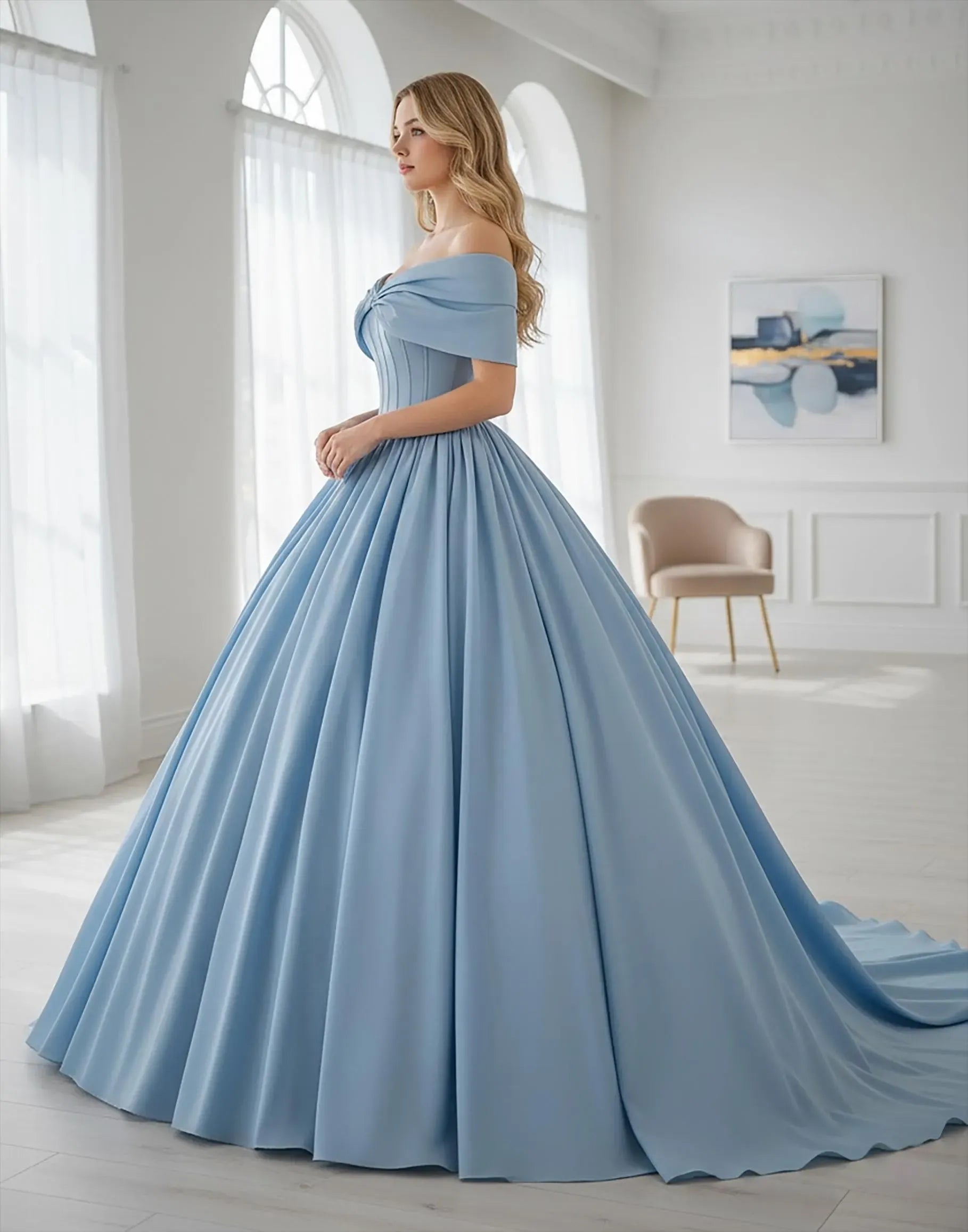 Regal Ball Gown Off-Shoulder Bow Corset Light Blue Floor-Length Prom Dress