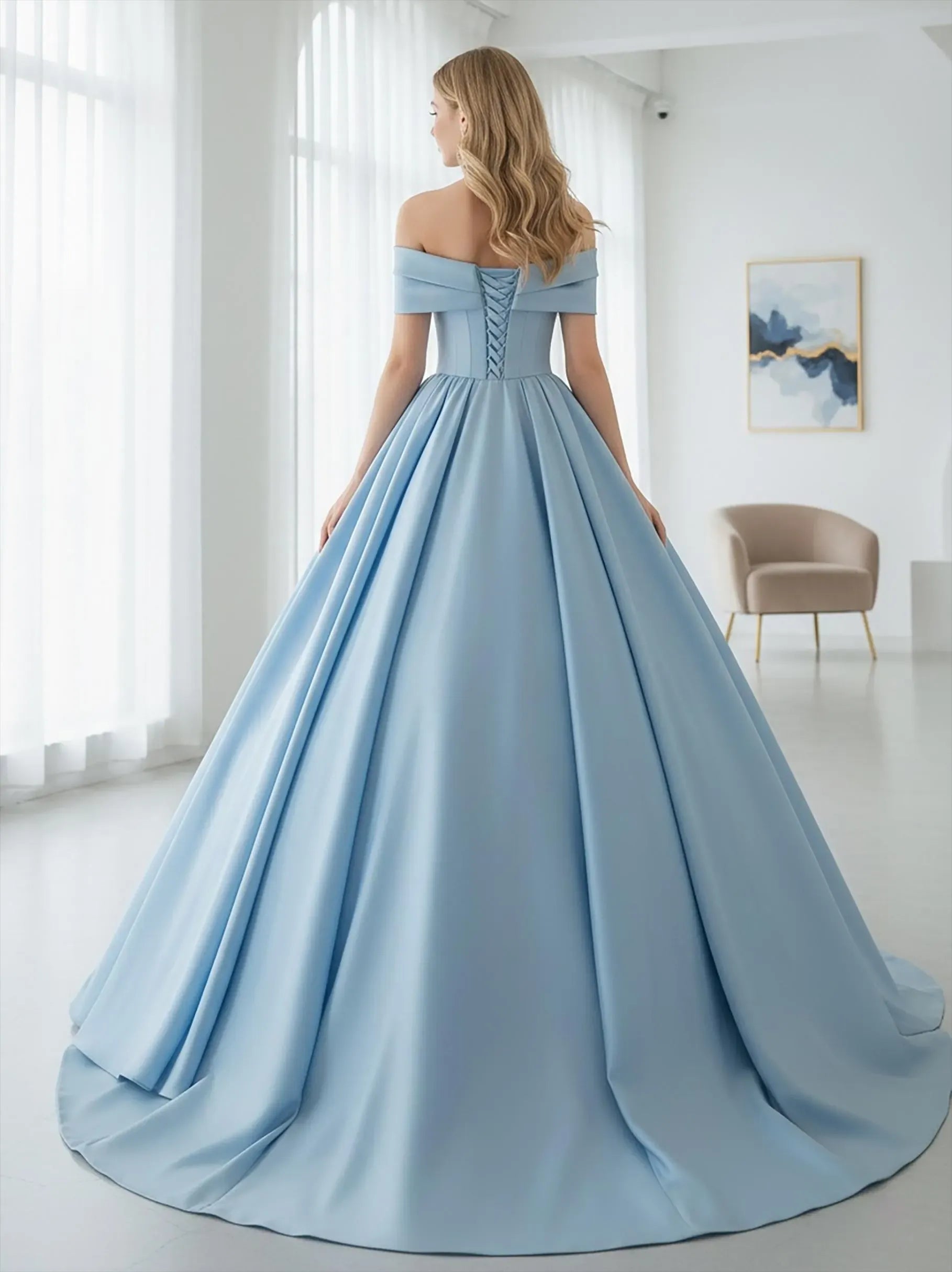 Regal Ball Gown Off-Shoulder Bow Corset Light Blue Floor-Length Prom Dress