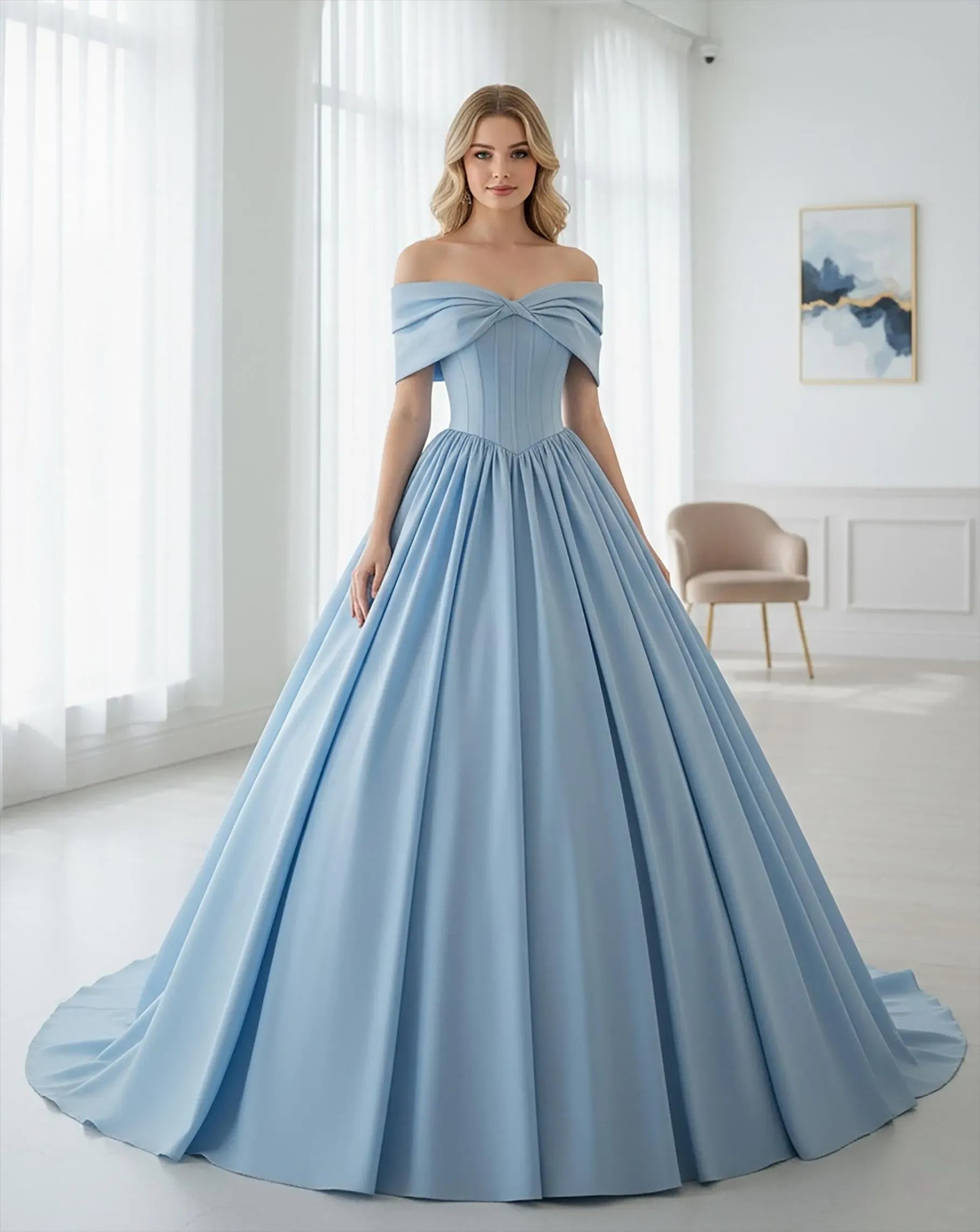 Regal Ball Gown Off-Shoulder Bow Corset Light Blue Floor-Length Prom Dress