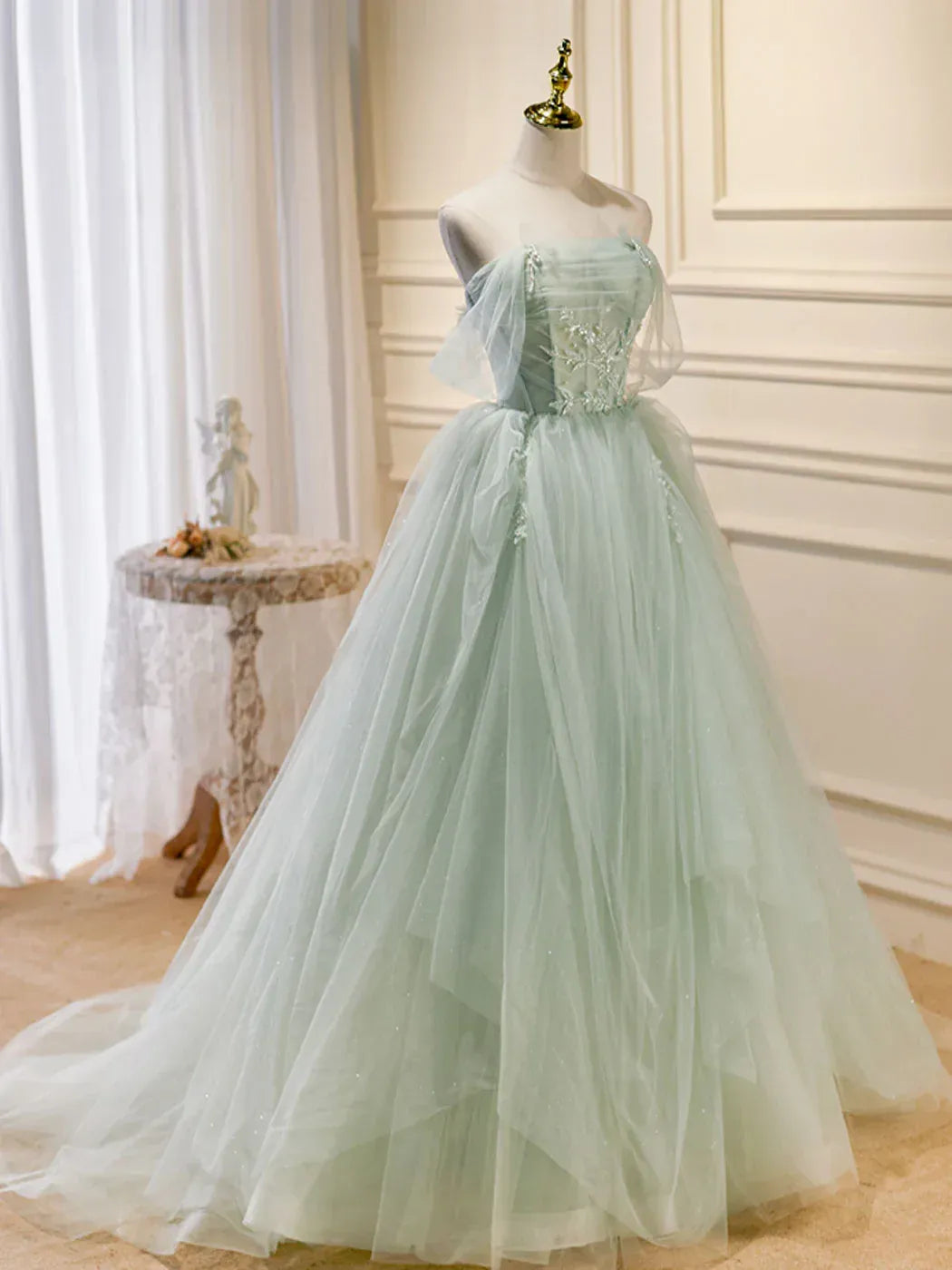 Regal Ball Gown Strapless Corset Tulle Mint Green Floor-Length Prom Dress with Beaded