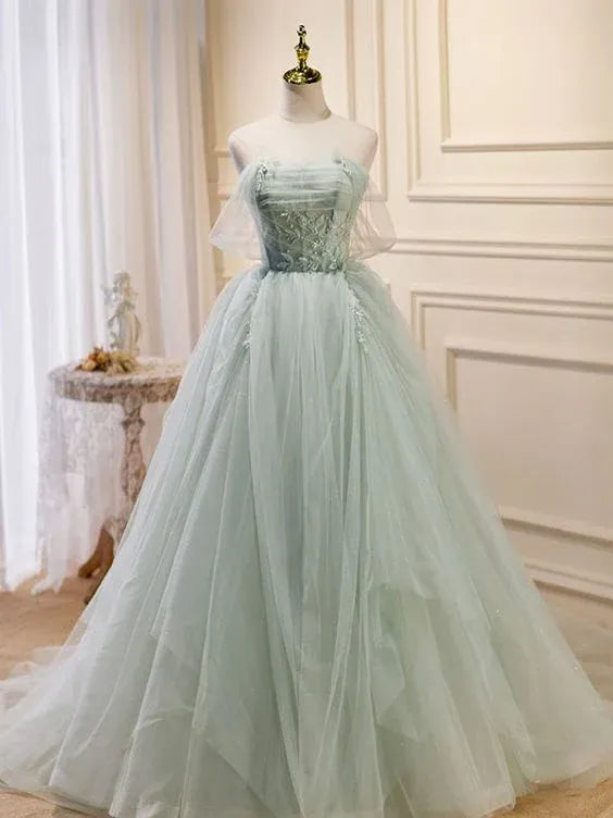 Regal Ball Gown Strapless Corset Tulle Mint Green Floor-Length Prom Dress with Beaded