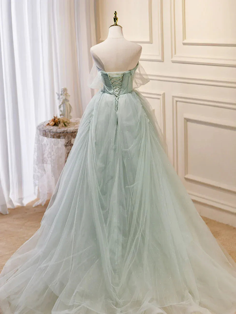 Regal Ball Gown Strapless Corset Tulle Mint Green Floor-Length Prom Dress with Beaded