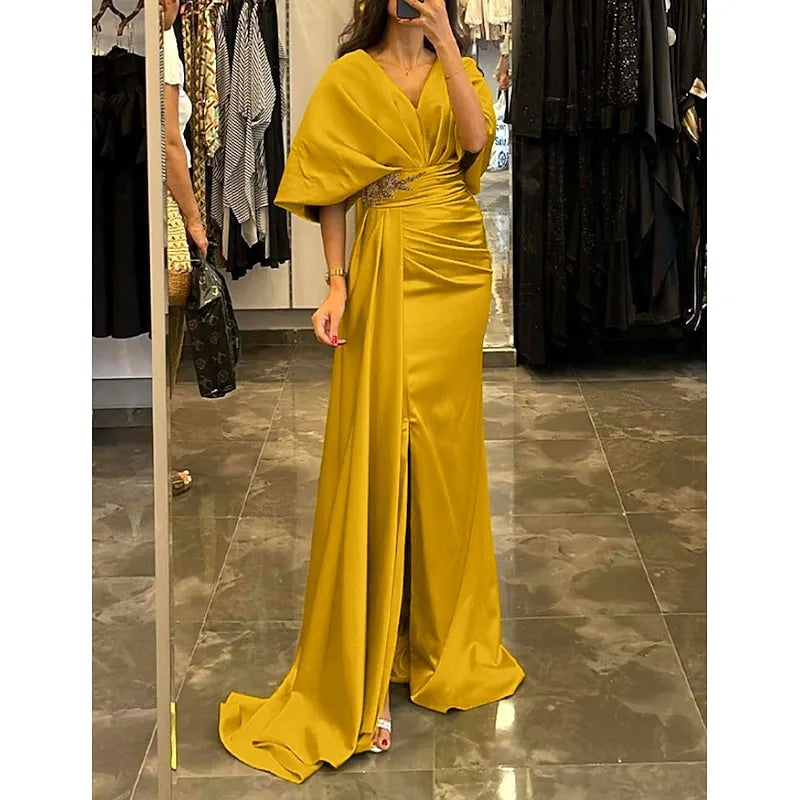 Regal Mermaid V-neck Cape-sleeved Beaded Mango Mint Maxi Evening Dress for Women Custom