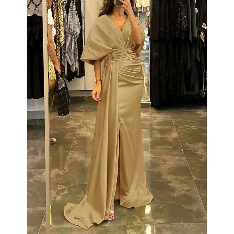 Regal Mermaid V-neck Cape-sleeved Beaded Mango Mint Maxi Evening Dress for Women Custom