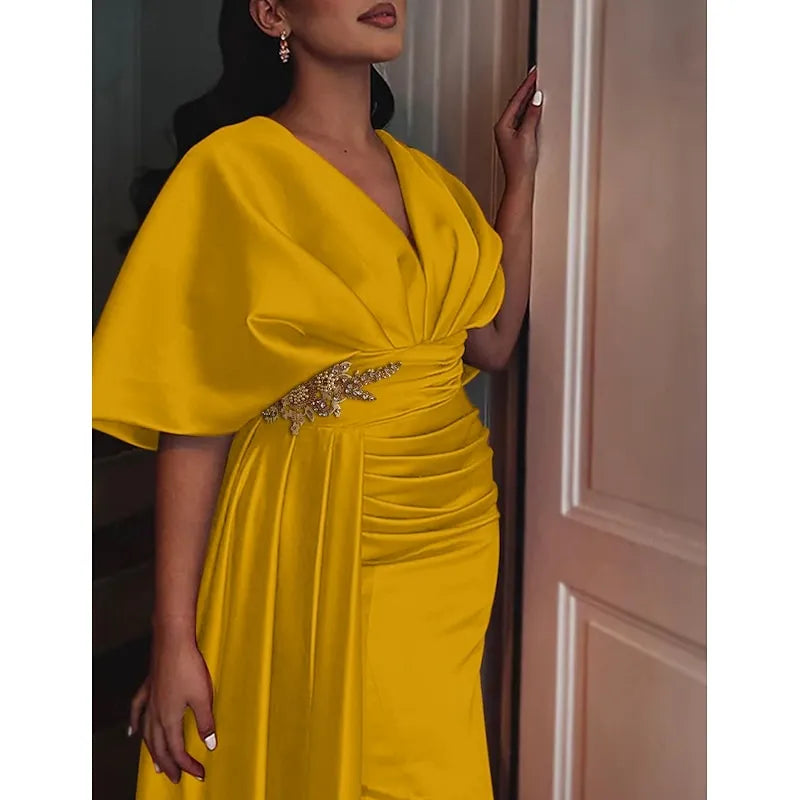 Regal Mermaid V-neck Cape-sleeved Beaded Mango Mint Maxi Evening Dress for Women Custom