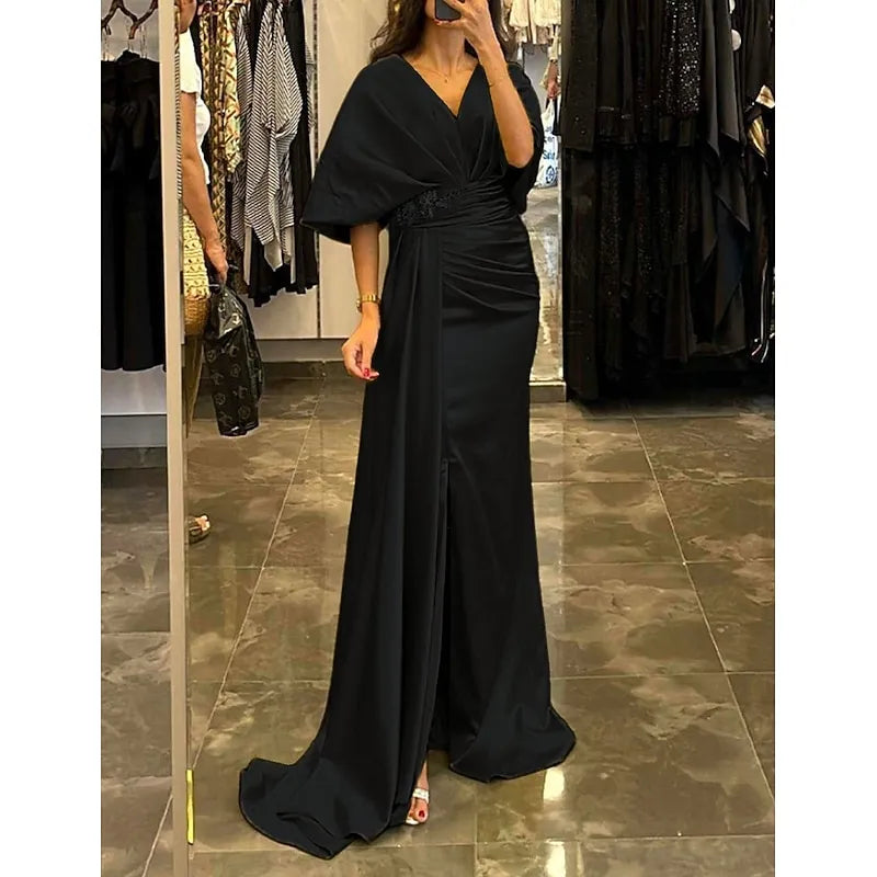 Regal Mermaid V-neck Cape-sleeved Beaded Mango Mint Maxi Evening Dress for Women Custom
