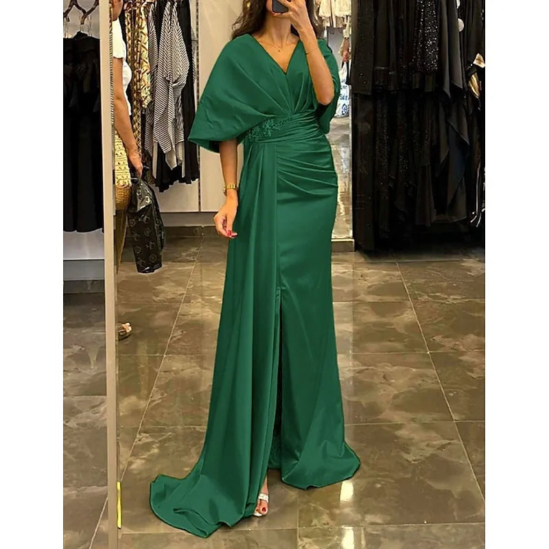 Regal Mermaid V-neck Cape-sleeved Beaded Mango Mint Maxi Evening Dress for Women Custom