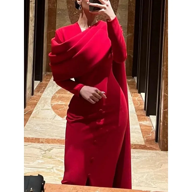 Regal Sheath Asymmetric Neck Long-sleeved Cape Red Maxi Evening Dress for Women Custom