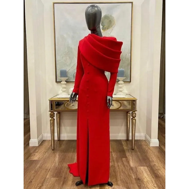 Regal Sheath Asymmetric Neck Long-sleeved Cape Red Maxi Evening Dress for Women Custom
