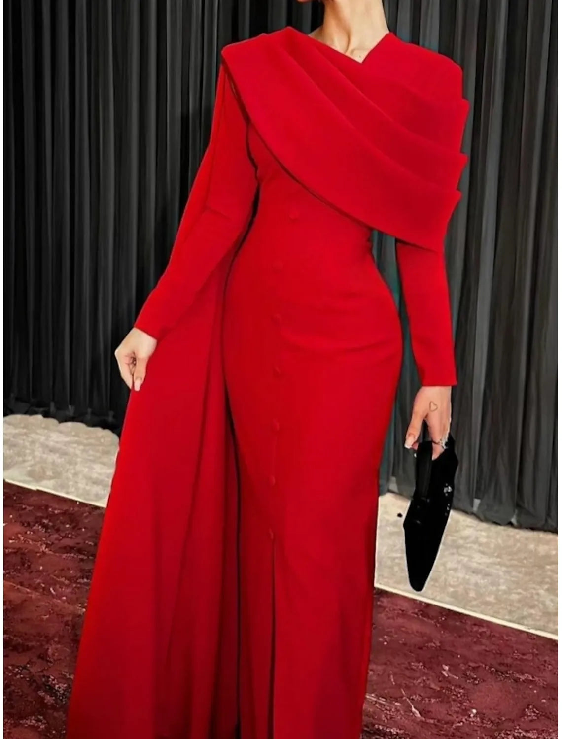 Regal Sheath Asymmetric Neck Long-sleeved Cape Red Maxi Evening Dress for Women Custom