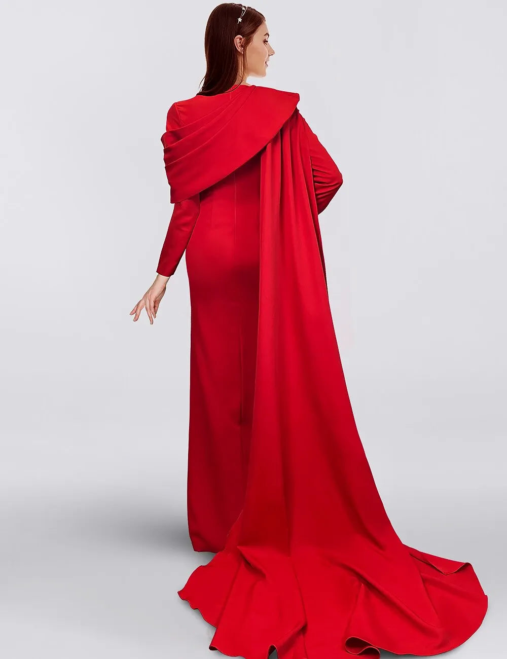 Regal Sheath Asymmetric Neck Long-sleeved Cape Red Maxi Evening Dress for Women Custom