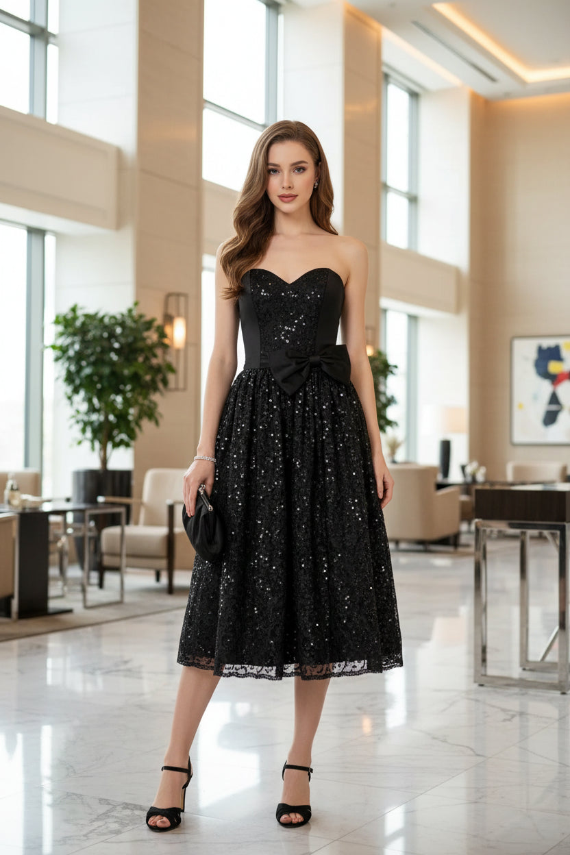 Retro A-Line Strapless Sequin Satin Black Tea-Length Prom Dress With Bow For Female Guests
