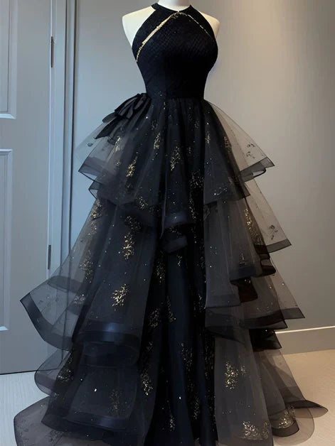 Retro Black Tulle Tiered Halter Neckline Party Dress Prom Dresses Evening Dress Retro Ball Gown