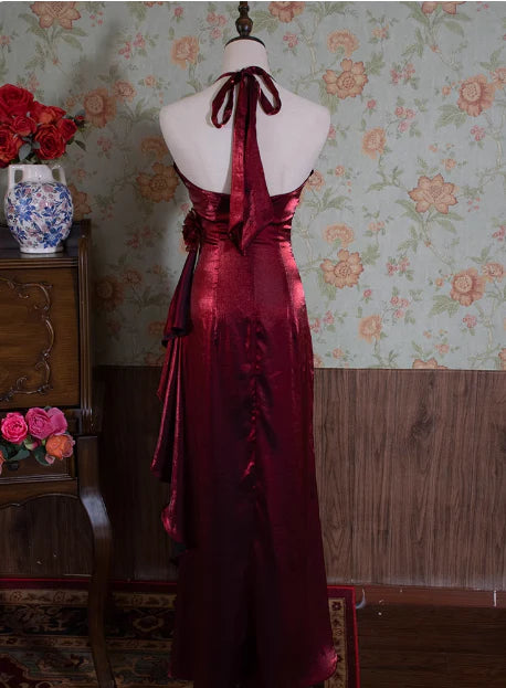 Retro Burgundy Halter Neck Ruffle 3D Flower Backless Long Prom Dress Discount Long Party Dresses