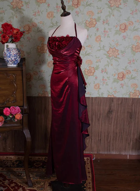 Retro Burgundy Halter Neck Ruffle 3D Flower Backless Long Prom Dress Discount Long Party Dresses