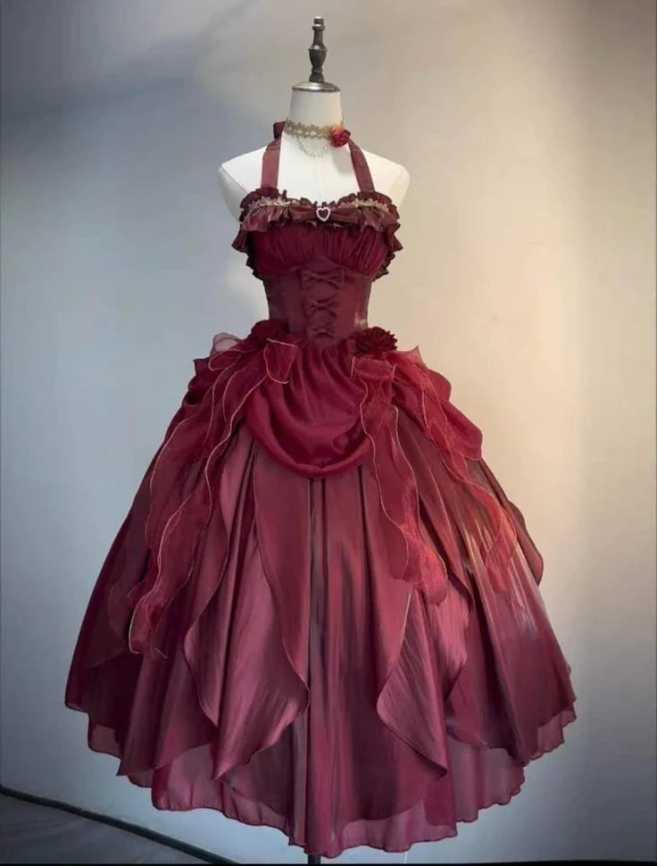 Retro Burgundy Tulle Halter Party Dress Prom Dresses Evening Dress Retro Ball Gown