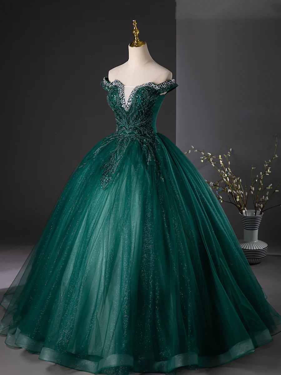 Retro Dark Green Tulle Sequins Off the Shoulder Long Formal Dress Evening Party Dress