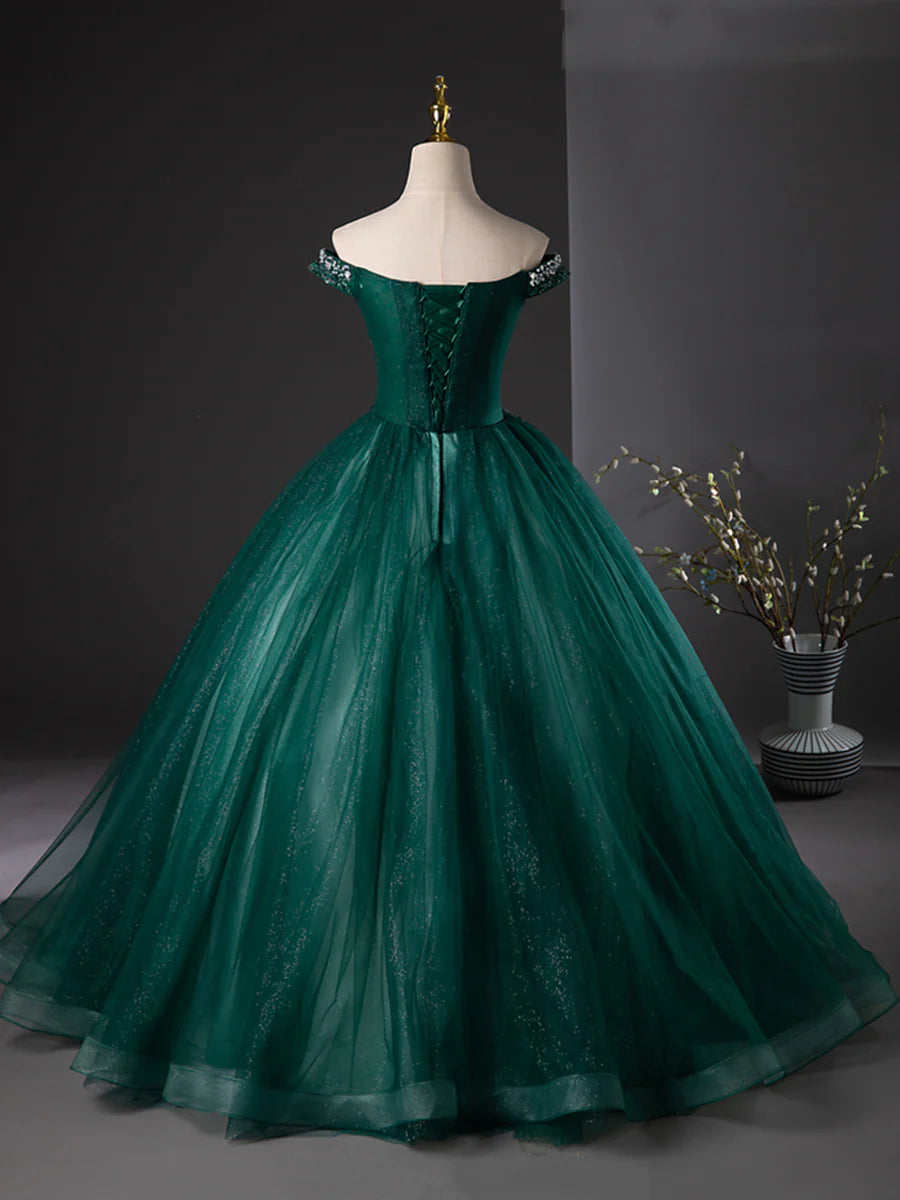 Retro Dark Green Tulle Sequins Off the Shoulder Long Formal Dress Evening Party Dress