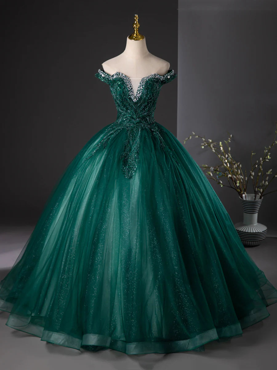 Retro Dark Green Tulle Sequins Off the Shoulder Long Formal Dress Evening Party Dress