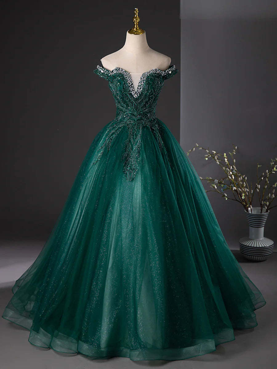 Retro Dark Green Tulle Sequins Off the Shoulder Long Formal Dress Evening Party Dress